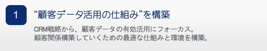 顧客データ活用の仕組みを構築 CRM戦略から、顧客データの有効活用にフォーカス。顧客関係構築していくための最適な仕組みと環境を構築。